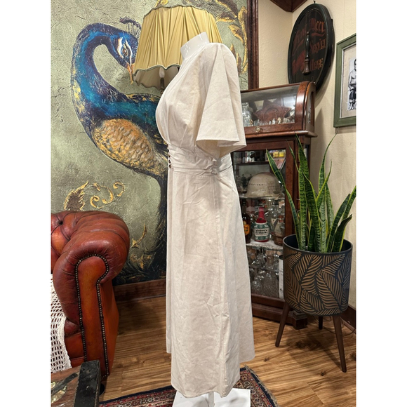 Cider Cream V Neck Flutter Sleeve Midi Dress Linen Blend Large - Picture 5 of 14